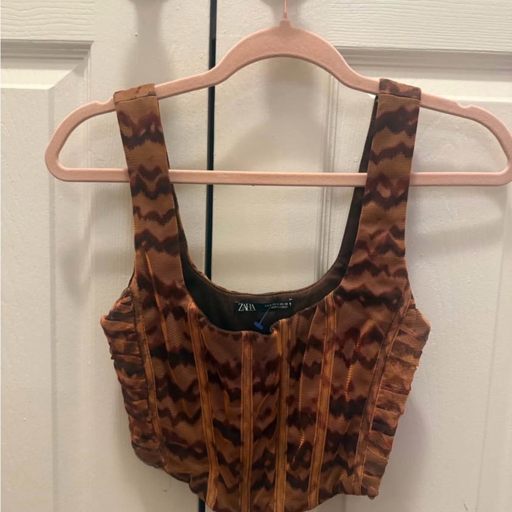 Zara Brown Patterned Corset-Style Crop Top